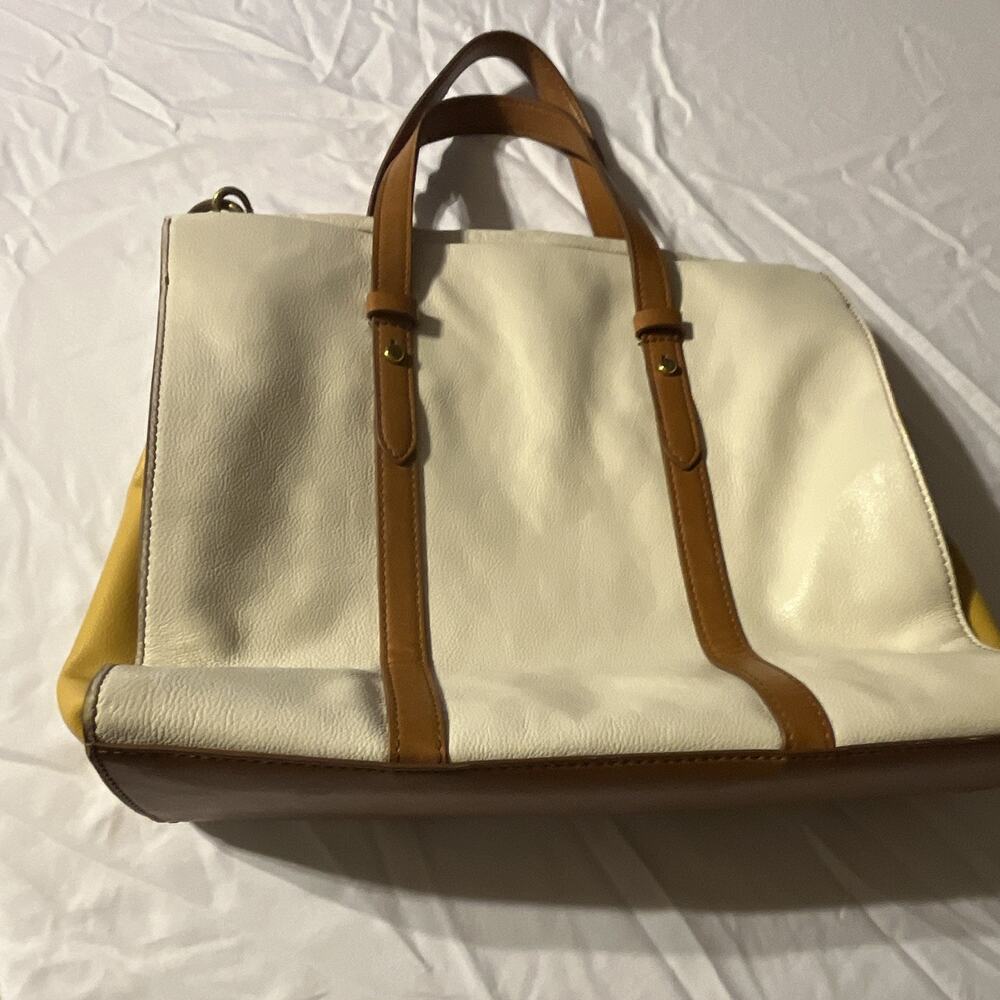 Fossil Ivory Brown Yellow Pebbled Satchel Snap Detachable Strap Pockets Lined